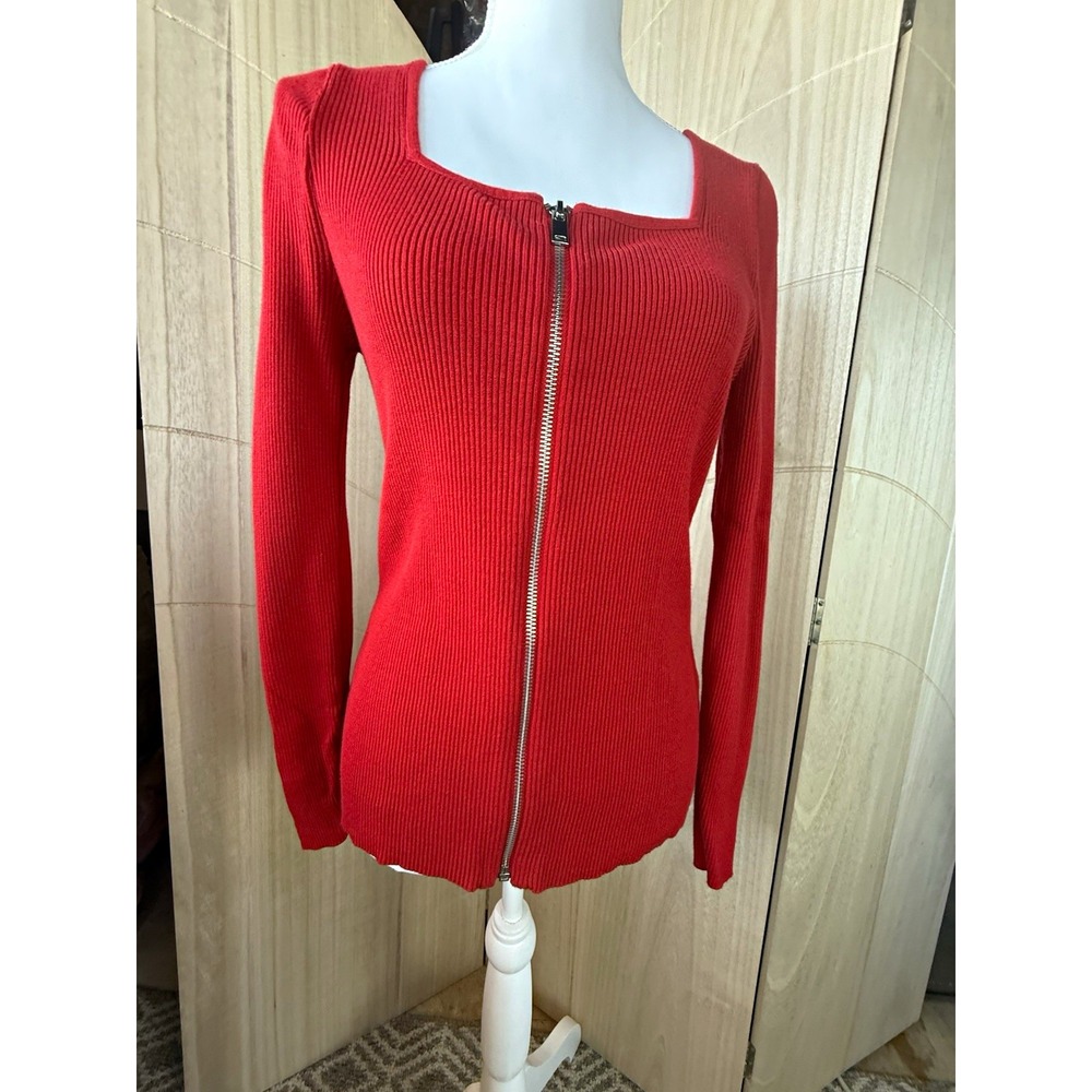 INC International Concepts Womens M Red Ribbed Square Neck Full Zip Cardigan